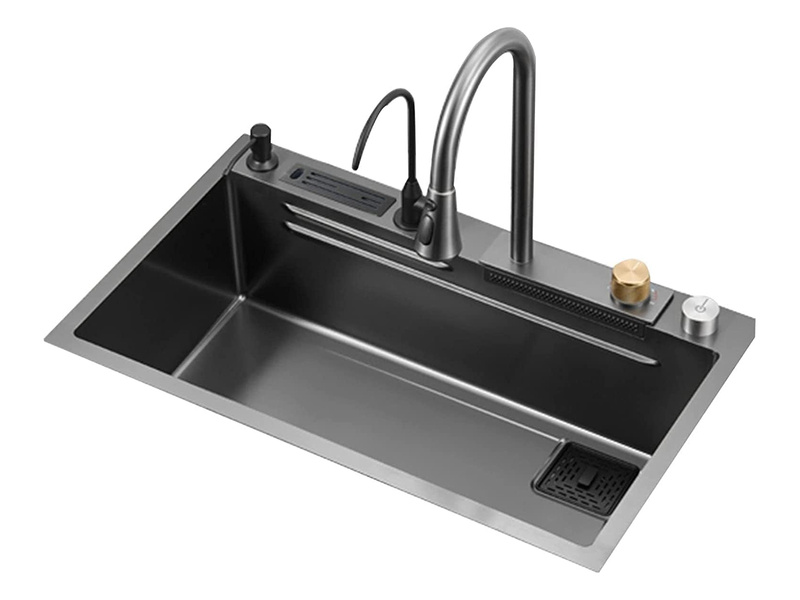 Arbeitsplatzspüle 75x45 cm mit Wasserfallarmatur und Zubehör