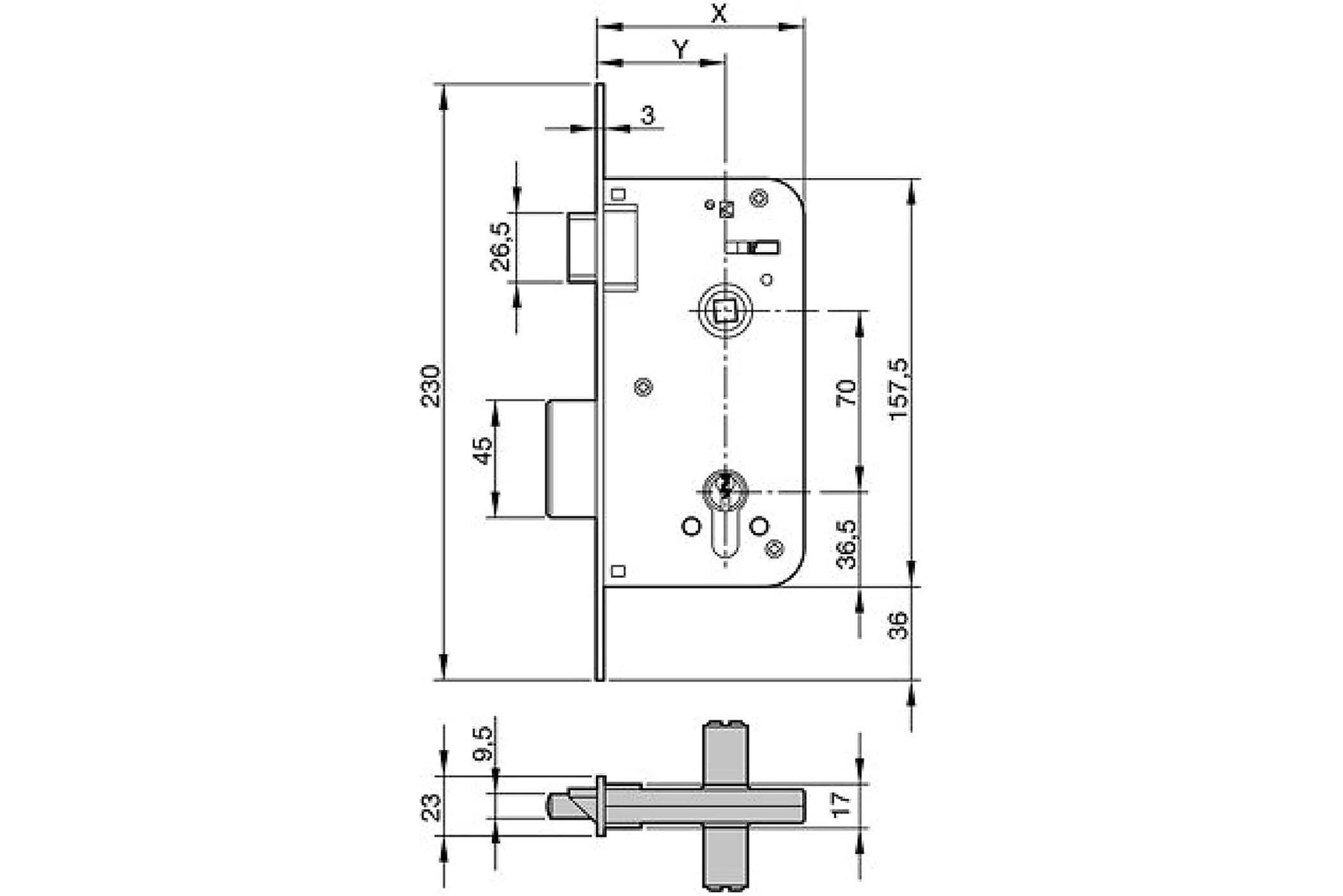 Zamek Yale 80x50 mosiadz 50mm 3012116