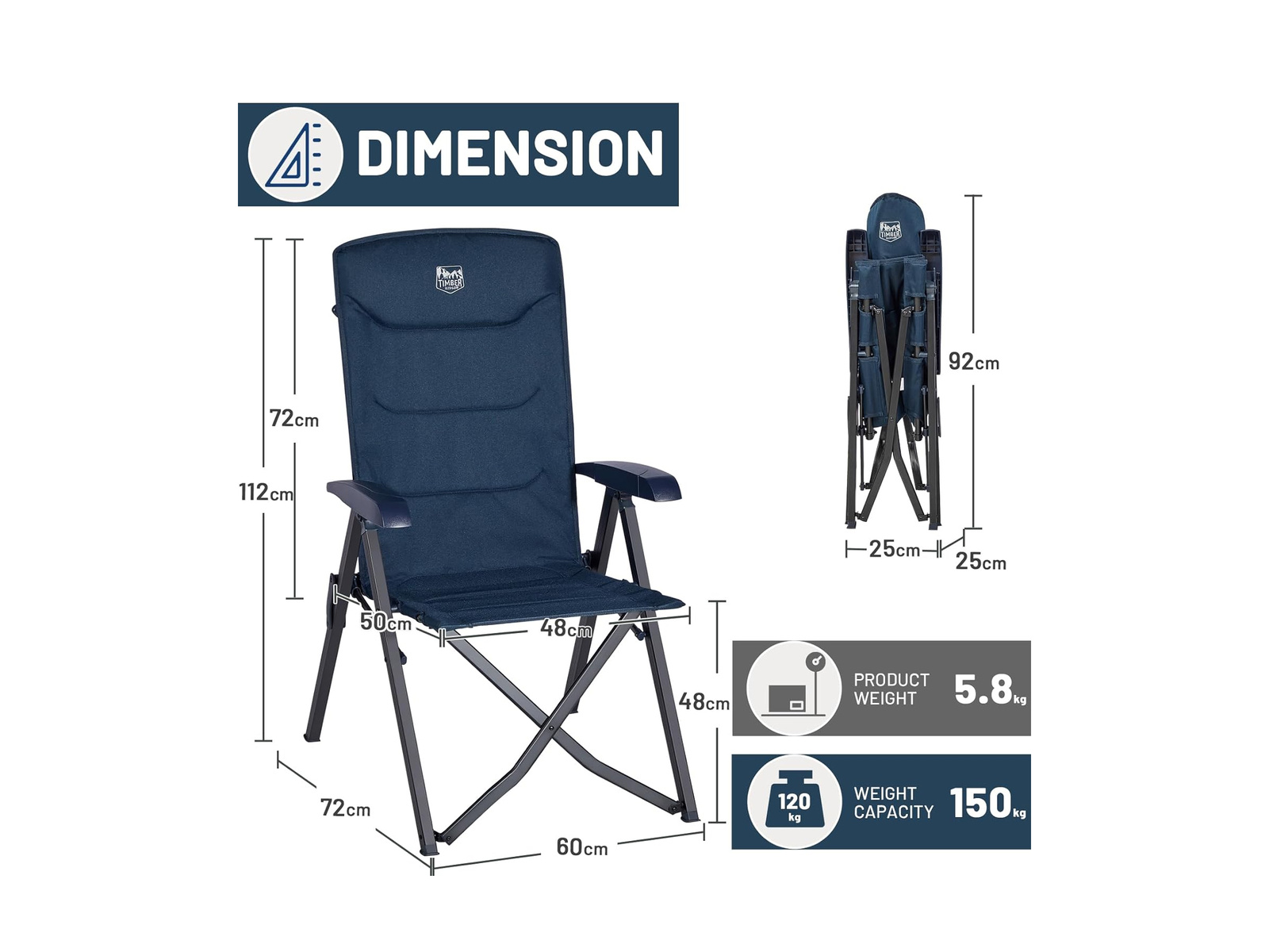 TIMBER RIDGE Folding Camping Chair, Adjustable, High Back, Navy Blue