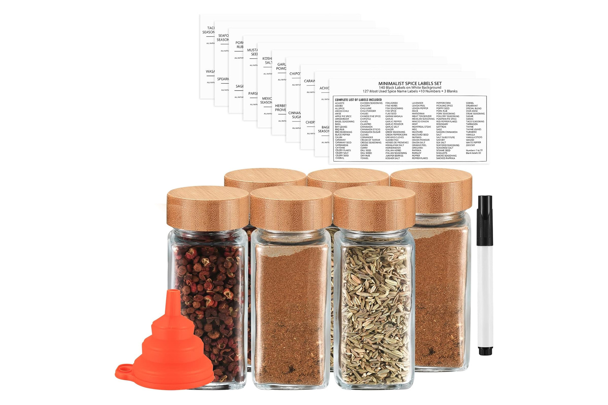 Set mit 6 Gewürzgläsern aus Glas (120 ml) mit Holzdeckeln