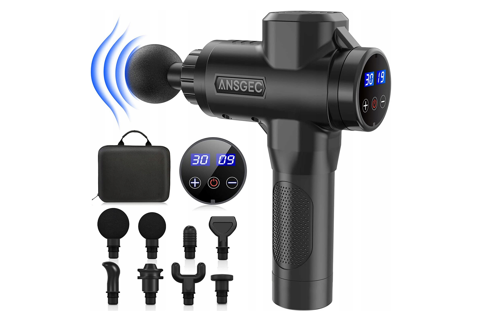 ANSGEC MG1 Massagepistole, 8 Aufsätze, 30 Geschwindigkeitsstufen, 4800 U/min