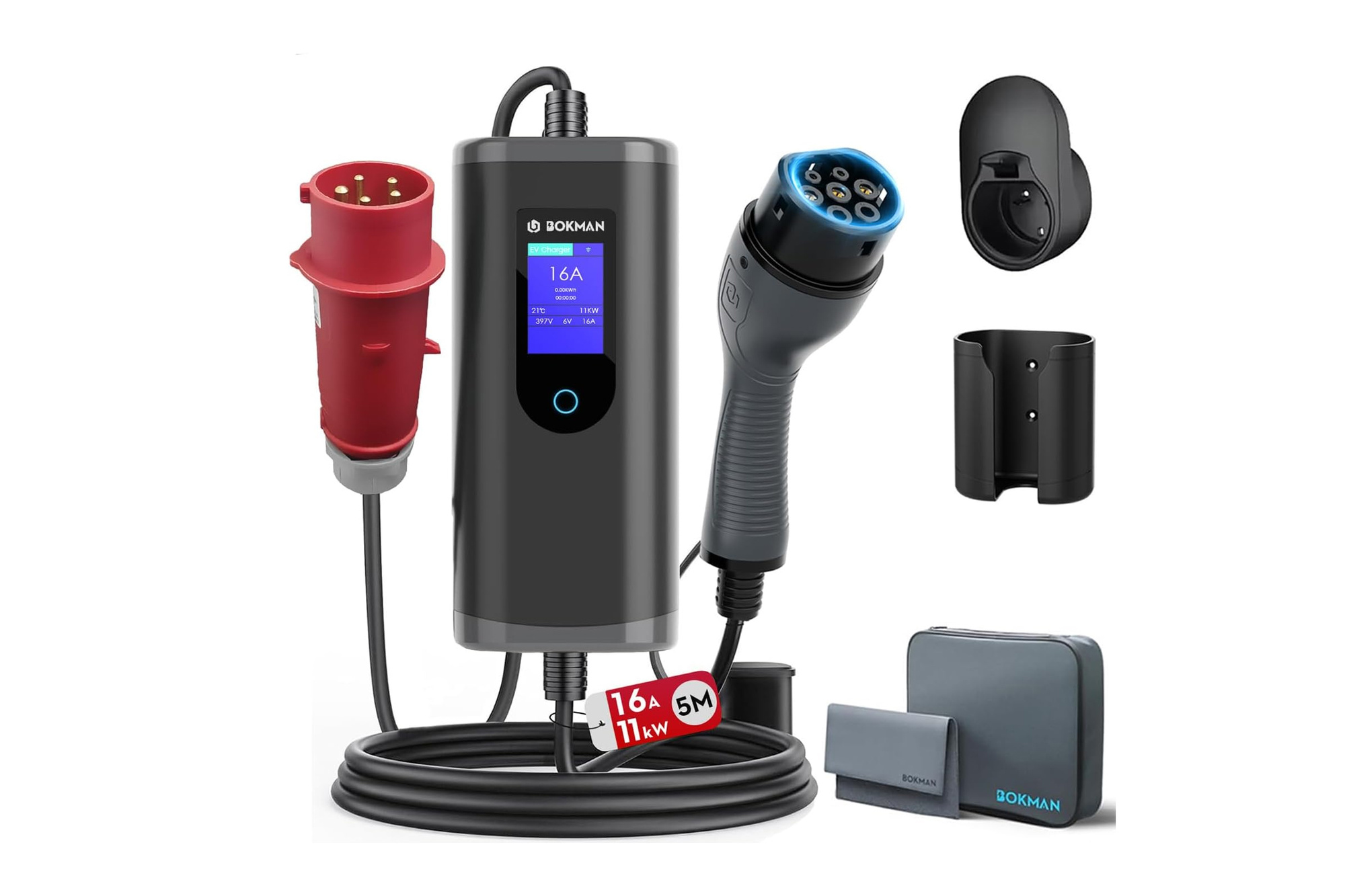 bokman EV Charger 11kW 3-Phase CEE 16A Type 2 5M Cable Adjustable Current IP65