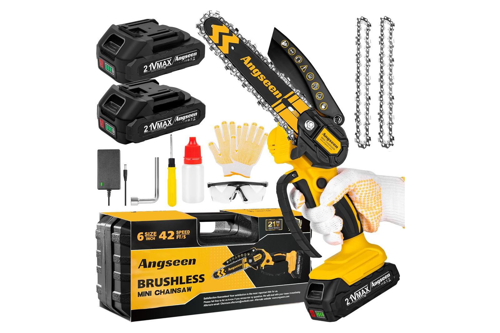 Brushless Mini Chainsaw Cordless 6 Inch 700W 2x 2.0Ah Battery 2 Chains Kit