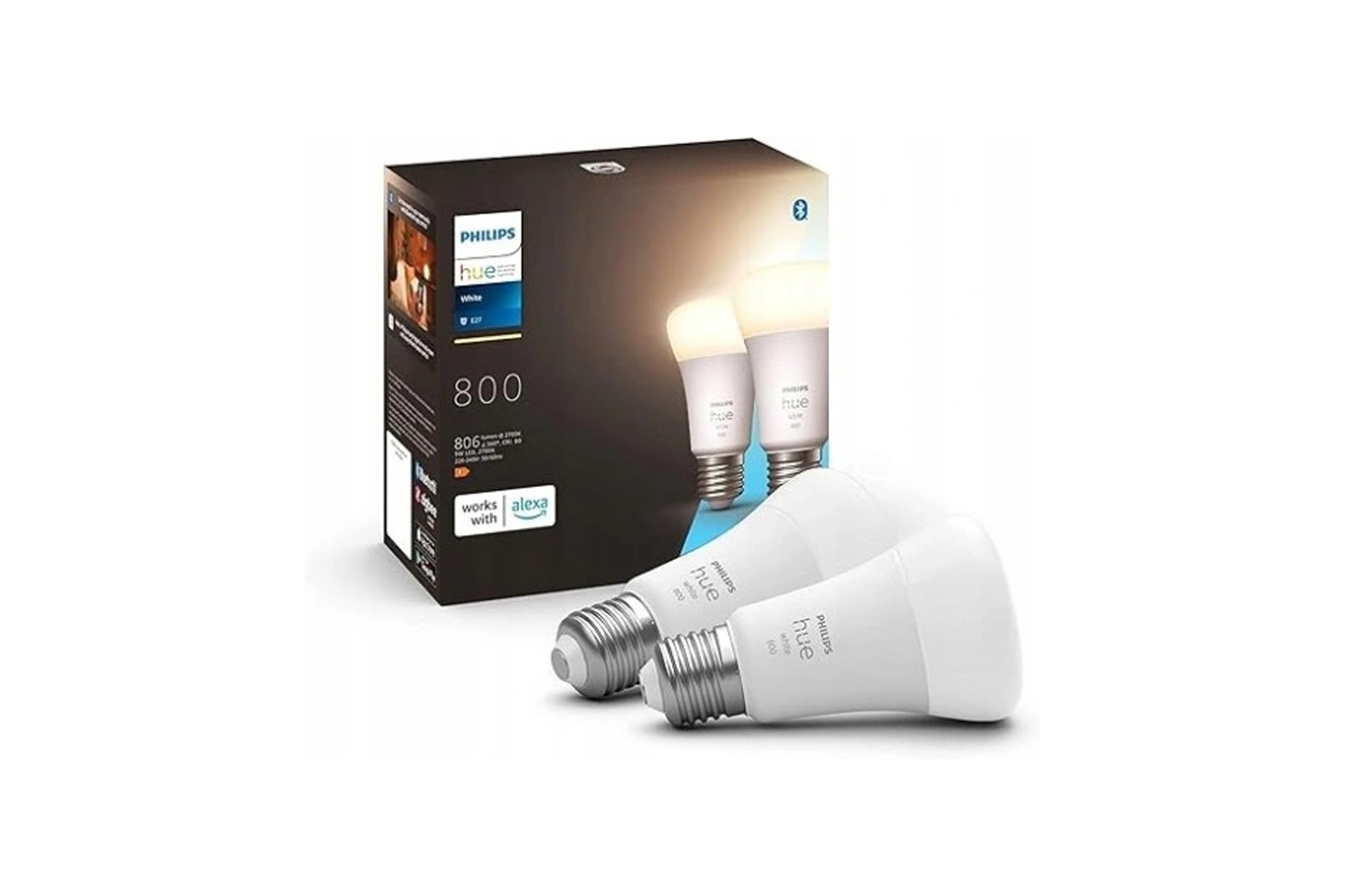 Philips Hue Weiße LED-Lampe E27 800lm 9W 2700K 2 Stück