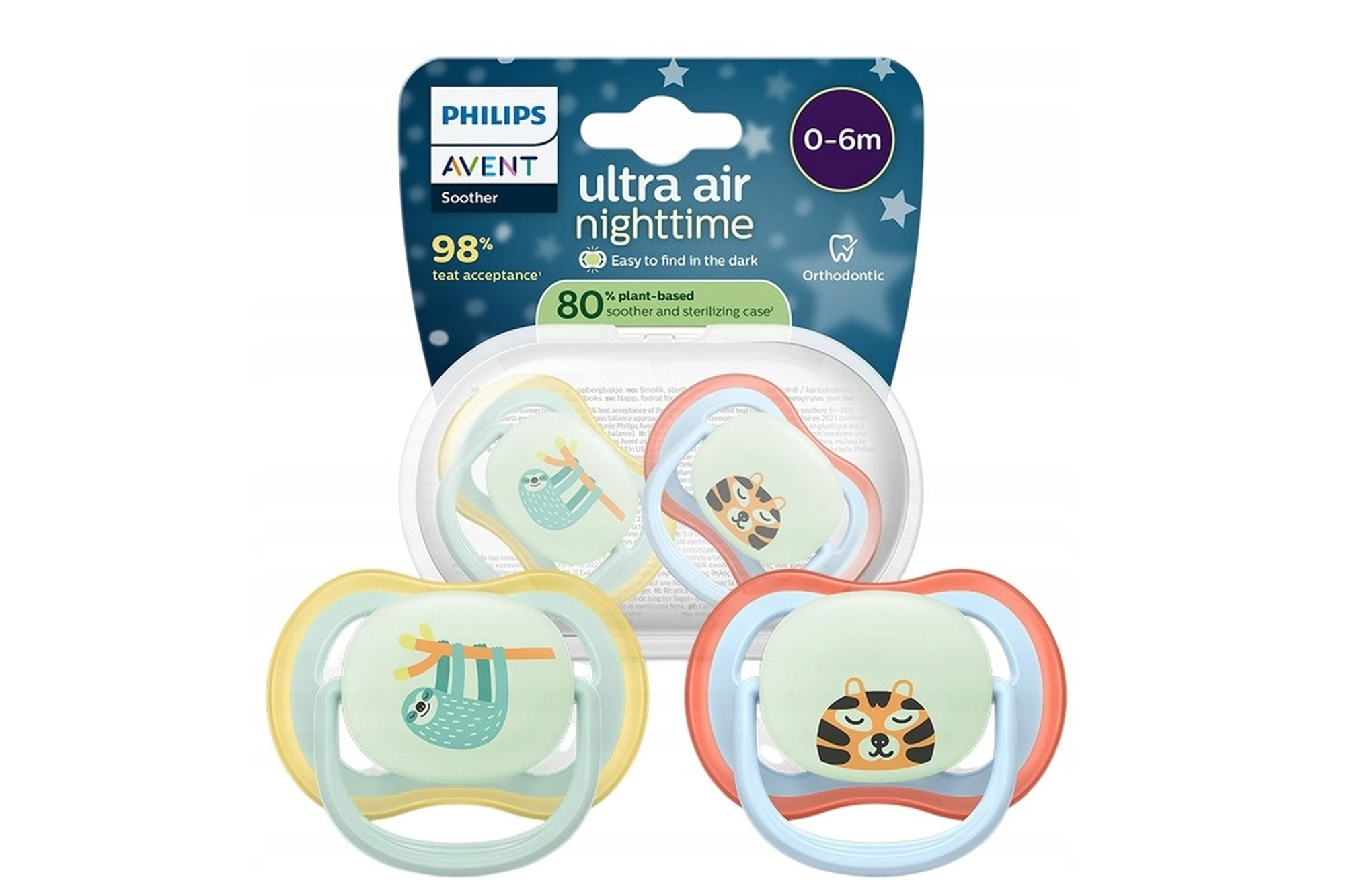 Smoczek Avent Ultra Air 0–6m świecący 2 szt. + etui oddychający