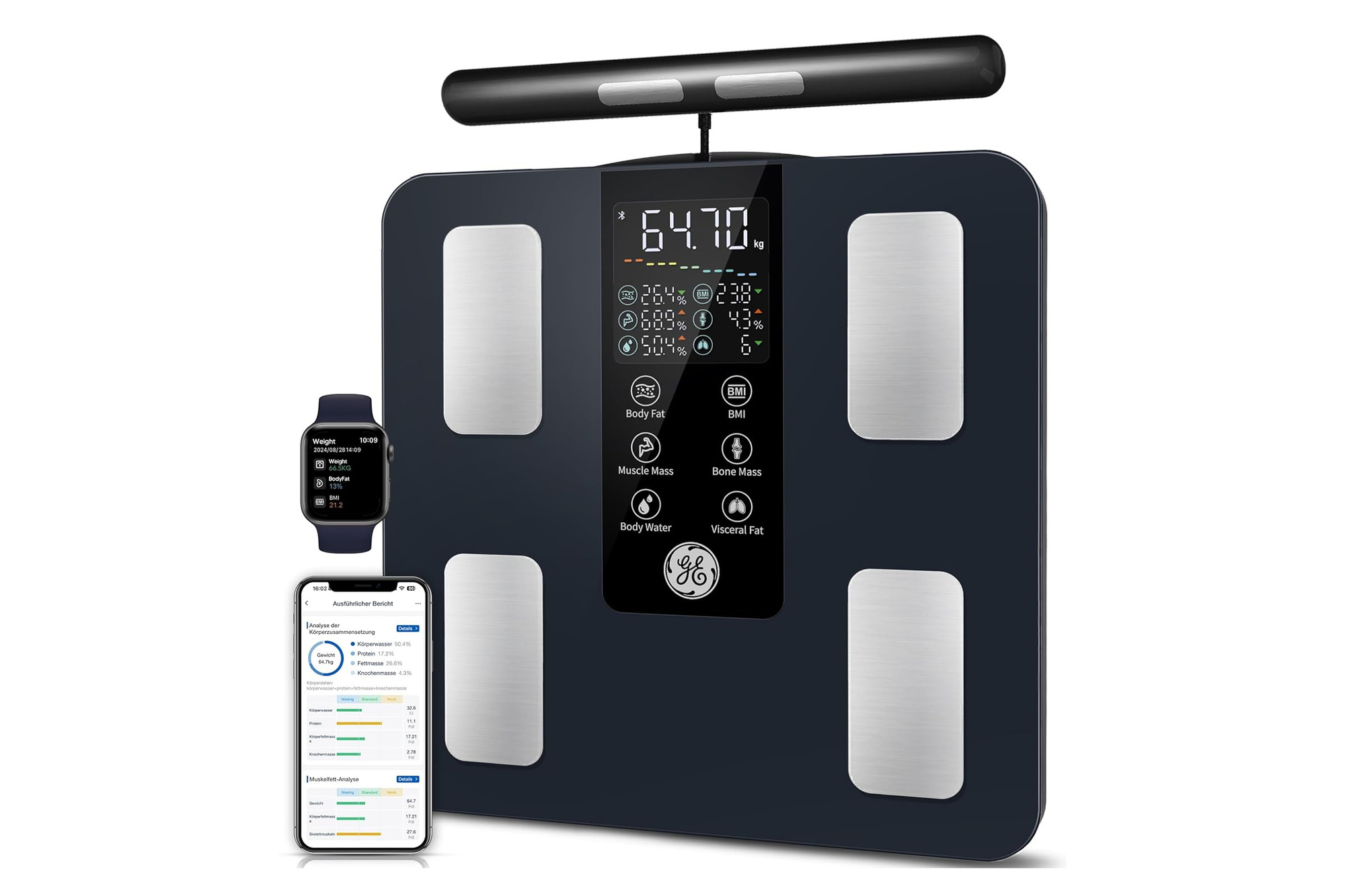 GE CS10G Körperanalysewaage 8 Elektroden BIA BMI App 180kg Display