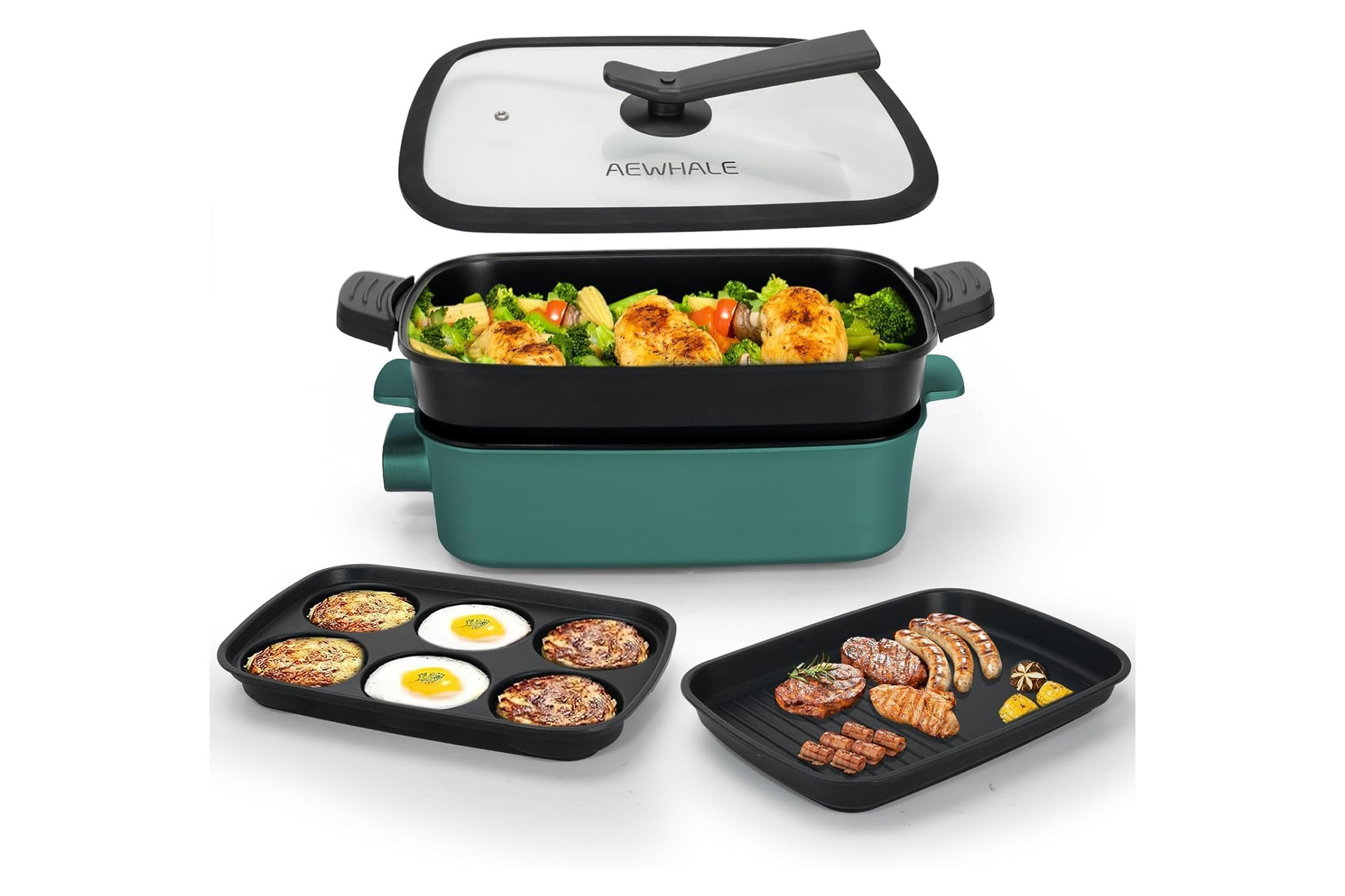 AEWHALE 3in1 Elektrische Grillpfanne 1500W mit Deckel