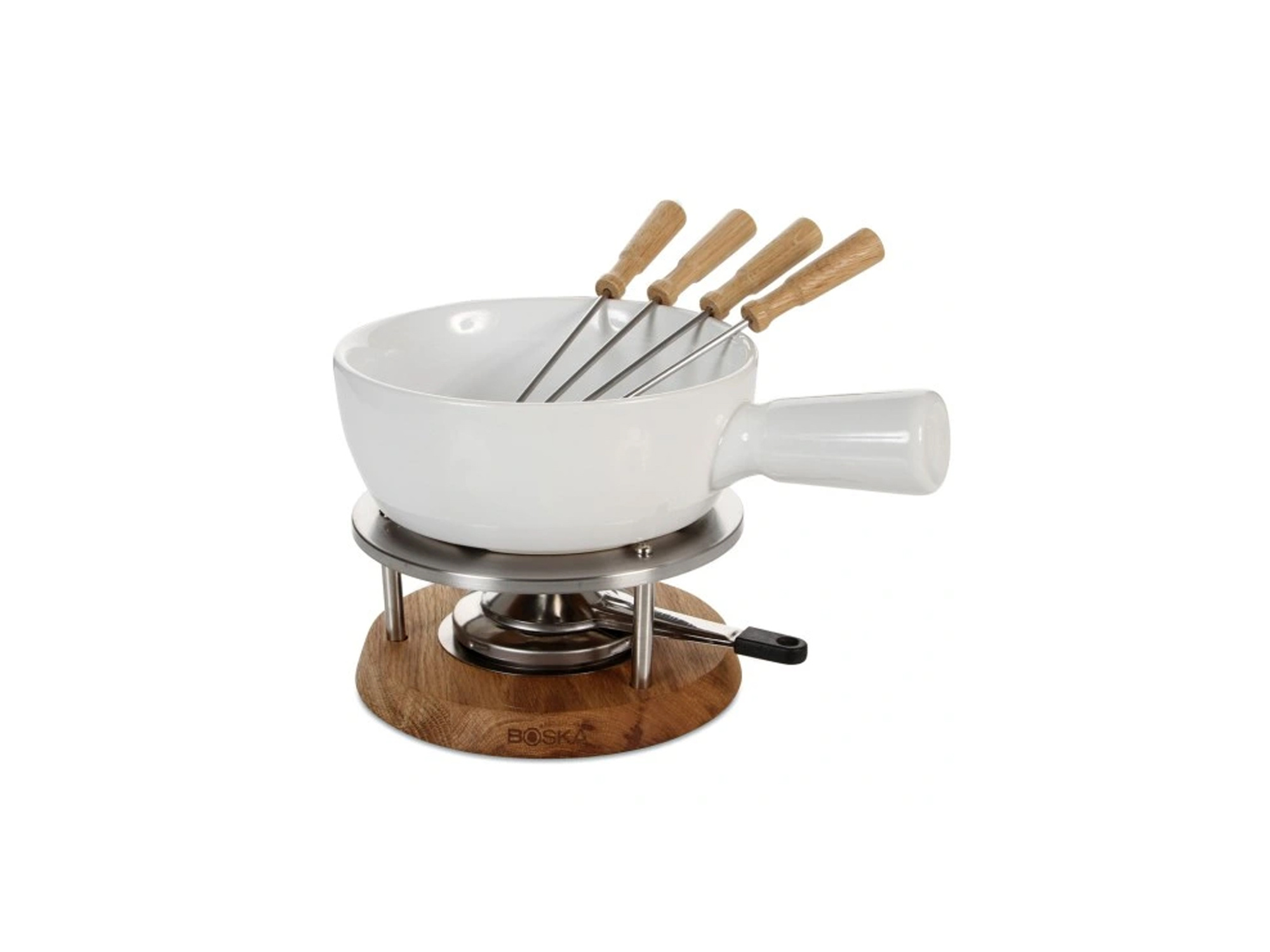 Keramik-Käsefondue-Set BOSKA Bianco 1L auf Eichenholzsockel