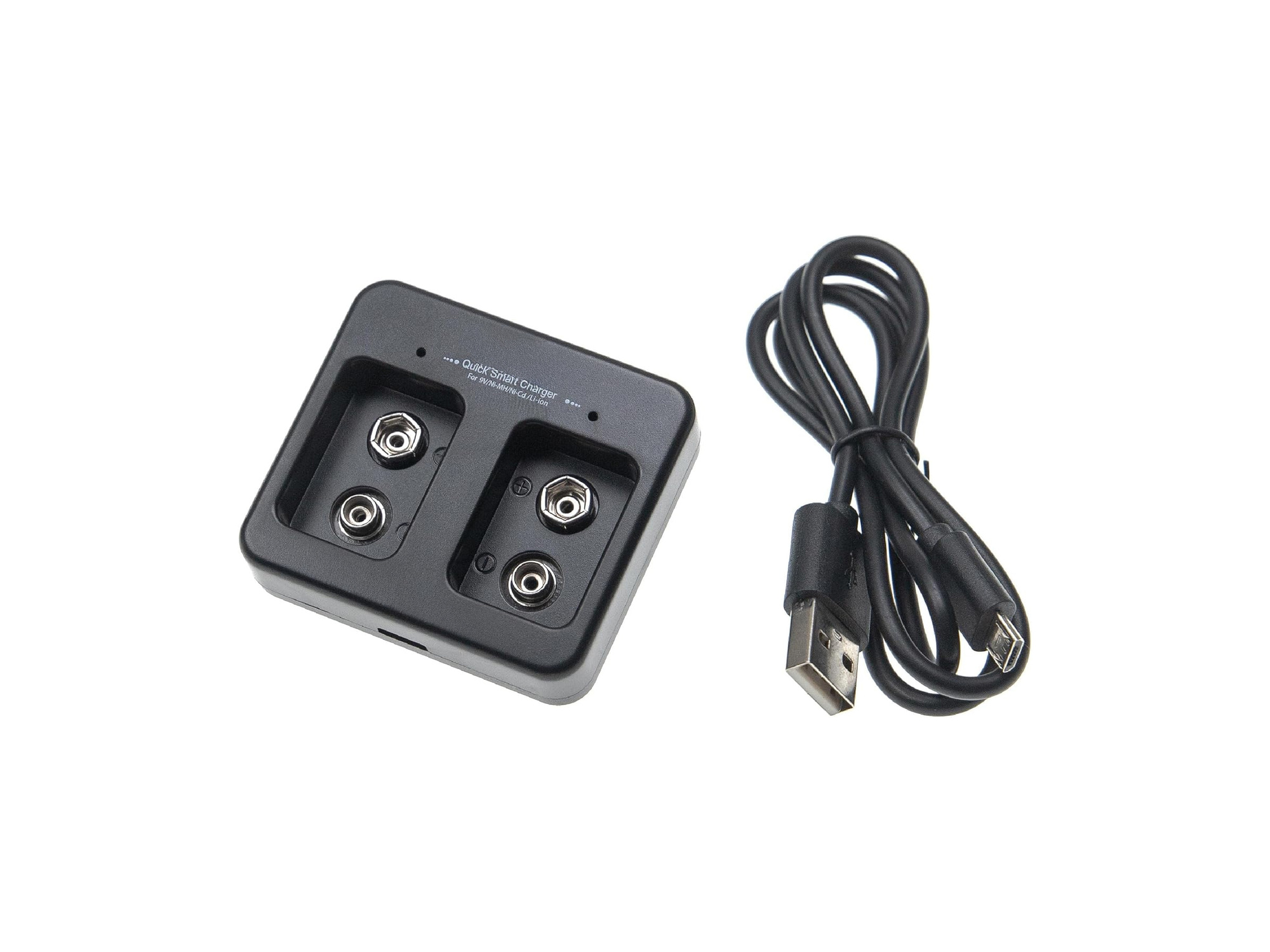 2-fach Ladegerät für Ni-Cd, NiMH und Li-Ion Akkus – 9V, Micro-USB