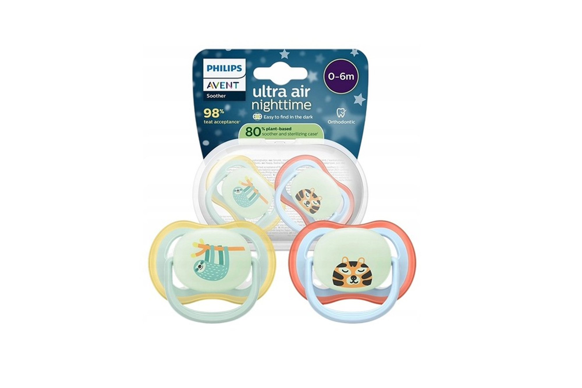 Smoczek Avent Ultra Air 0–6m świecący 2 szt. + etui oddychający